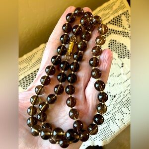 Smoky Quartz 22” Vintage Necklace with goldtone spacers and magnetic clasp.